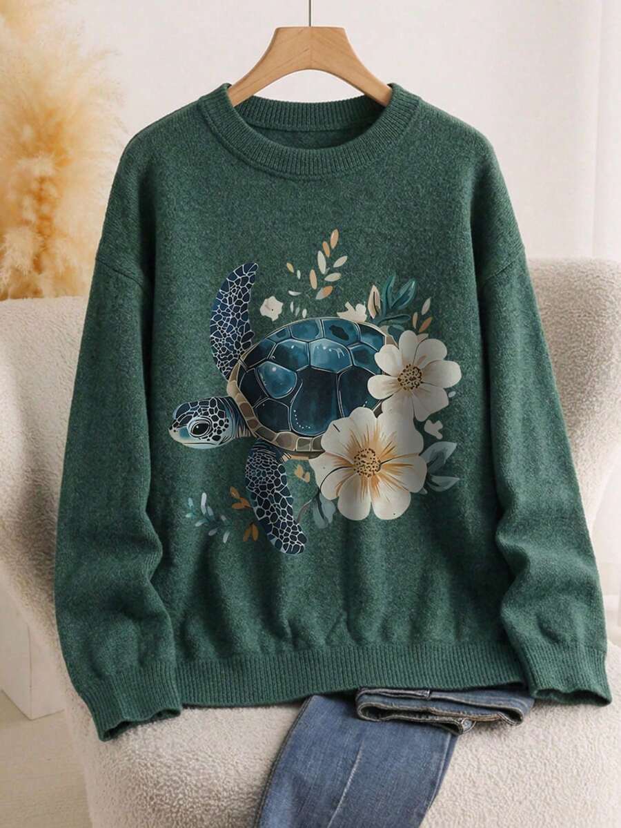 Sweater Wanita Ukuran Besar, Motif Kura-kura dan Bunga, Pakaian Wanita Nyaman untuk Musim Gugur/Dingin, Lengan Panjang, Leher Bulat