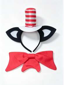 1Set/1pc Red White Striped Tall Hat With Cat Ears Headband + Oversized Red Bow Tie For Adults Kids Pets Halloween Birthday Party Cosplay Photo Props - Red and White - View 5