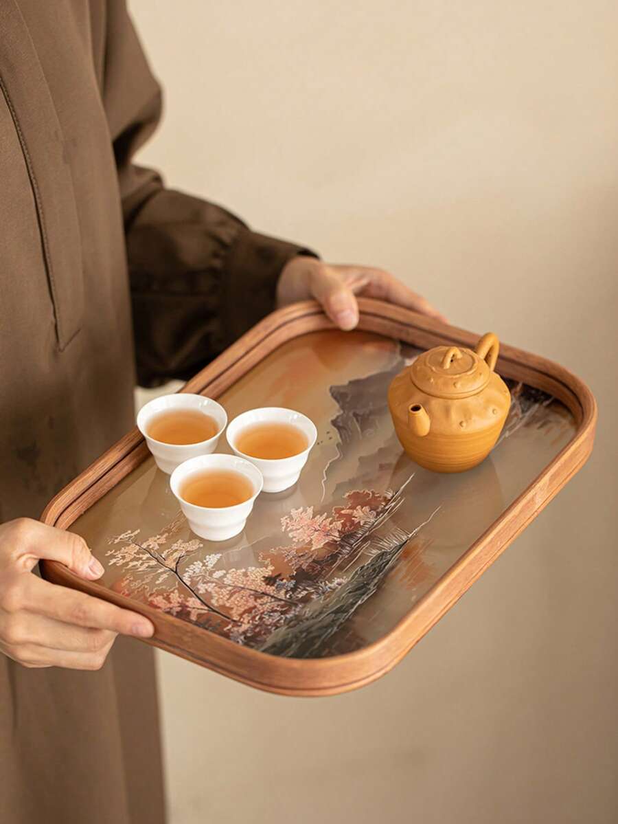 1PC New Style Dry Tea Tray Landscape Bamboo & Glass Tea Tray Home Tea Set Tea Tray High-End Tea Cup Holder Tea Tray Tea Set Tableware Storage Tray Multi-Function Storage Tray - Multicolor - View 1