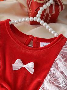 Girls' Princess Style Velvet Dress With Ruffle Lace Trim And Bow Accessory, Holiday Party Wear, Autumn/Winter - Red - View 3