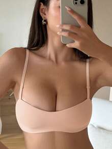 DAZY 1pc Women's Comfortable Casual Wireless Sexy Soft Lightweight Half Cup Solid Color Bralette Bra With Adjustable Shoulder Straps - Apricot - View 1