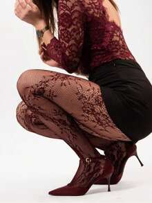 Plus Size Women High Elastic Floral Mesh Leggings Gothic Lace Versatile Tight Pants Y2K Transparent Tights Perfect Valentine's Day Outfit - Burgundy - View 6
