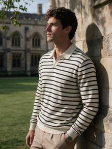 Men's Autumn/Winter Black Striped V-Neck Knit Polo Shirt - Apricot - View 1