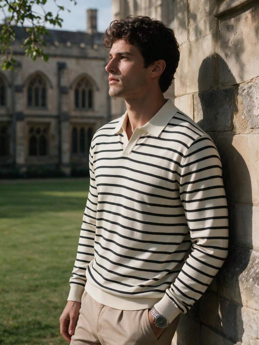 Men's Autumn/Winter Black Striped V-Neck Knit Polo Shirt - Apricot - View 1
