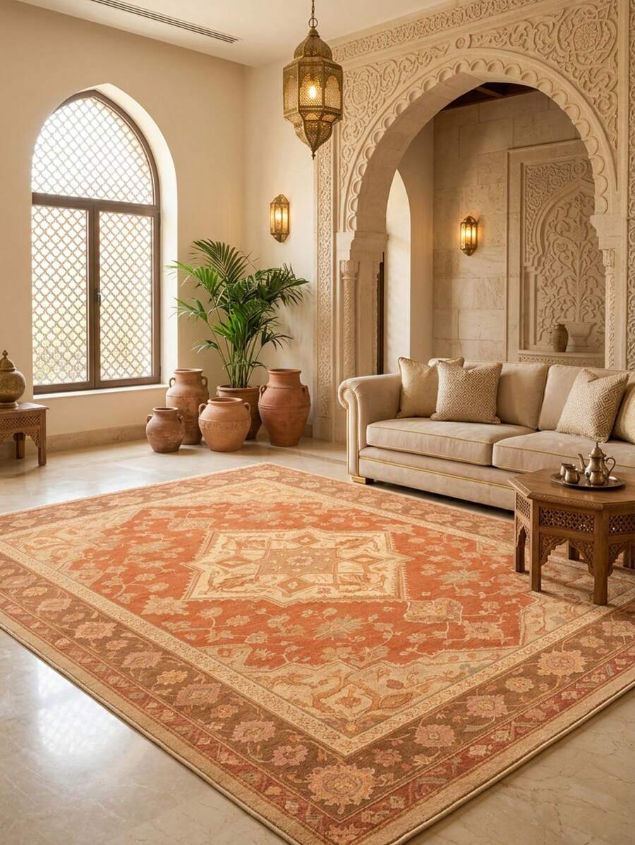 1PC Orange Brown Classical Floral Area Rug, European Vintage Style Faux Cashmere Rectangular Symmetrical Pattern, Machine Washable Suitable For Living Room Bedroom Daily Home Decor, Aesthetic Home Decoration - Multicolor - View 1