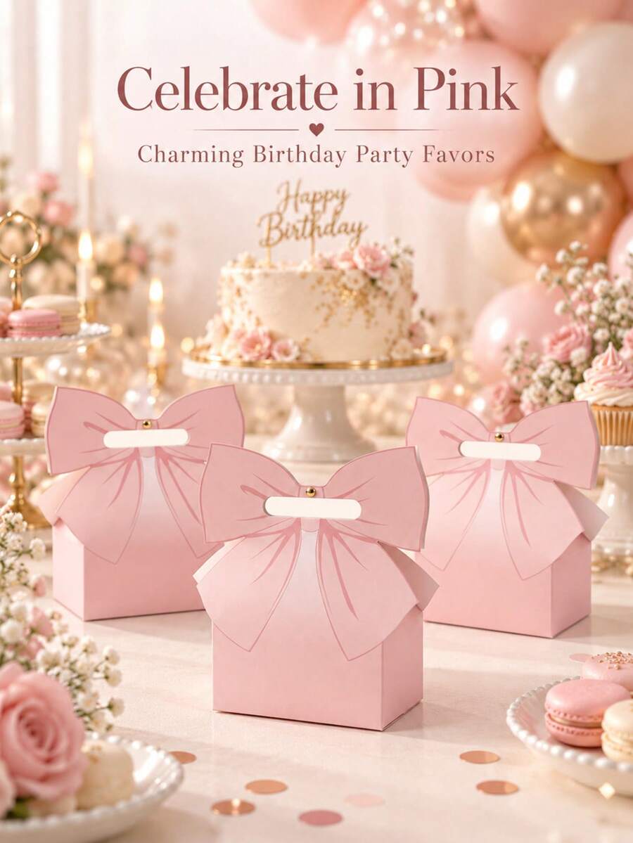 6pcs Pink Bow Gift Boxes, Reusable Paper Favor Boxes With Handles, Elegant Candy Dessert Boxes For Wedding Bridal Shower Birthday Party Favors, Sweet Style Souvenir And Small Gift Packaging - Multicolor - View 1