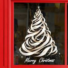 1pc Elegant Ribbon Christmas Tree Window Sticker, Merry Christmas Text With Sparkling Stars Static Window Decal, Single-Sided Printed Reusable PVC Glass Sticker For Indoor Windows, Modern Christmas Holiday Party Home Decor - Multicolor - View 2