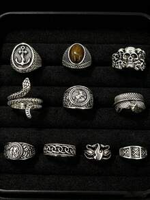 Gothic Men's Ring Set Punk Hip Hop Multi-Piece Finger Rings Party Holiday Daily Wear Finger Accessories Fashion Jewelry Gift Unisex - Antique Silver - View 12