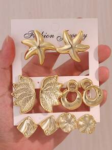 Set Anting-Anting 5 Pasang Bentuk Bintang Laut/Sayap//Daun Teratai/Asimetris Emas - Emas - View 2