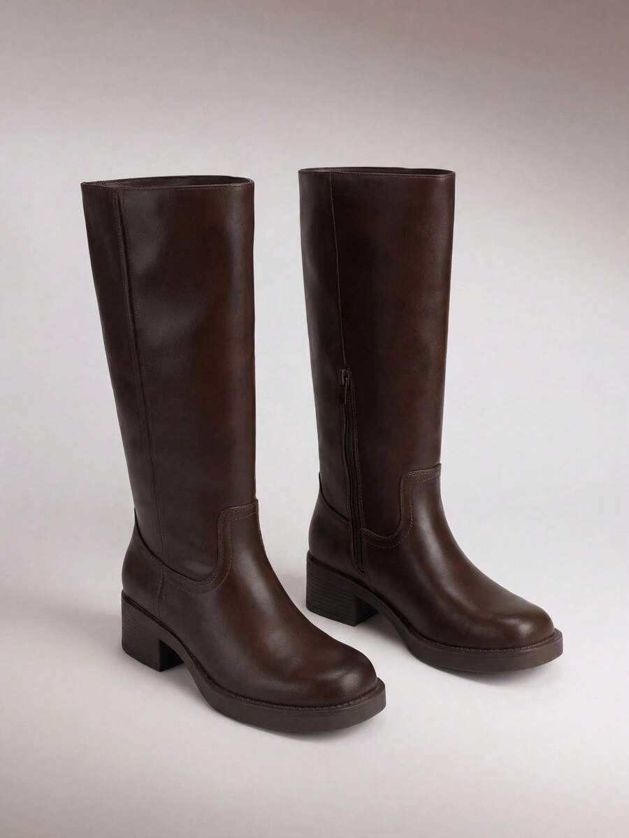Women's Knee-High Boots, Comfortable Chunky Block Heel Pointed Toe Pull On Side Zipper Suede Slouch Riding Boots