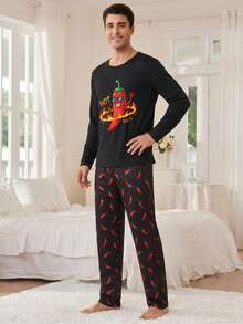 Men's Fun Home Set - Long Sleeve T-Shirt With Chili Pepper Cartoon Print + Black Pants With Red Chili Pepper Pattern, Casual 2 Pieces Pajama Set, Suitable For Relaxation - Black - View 4