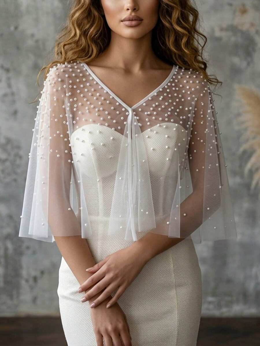 Ethereal Full Pearl Sheer Tulle Top, Short Mesh Overlay, Shrug For Strapless Wedding Gown