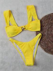 Metal Shell Decorated Yellow Wide-Shoulder Strap Bikini Two Pieces Set, Elegant And Casual Swimsuit Set For Summer Beach Vacation Party - Yellow - View 5