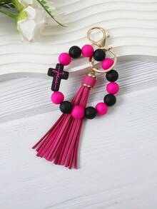 Cross Silicone Bead Bracelet Keychain, PU Tassel Wrist Key Ring, Colorful Beaded Bag Charm, Religious Faith Gift, Women's Bag Pendant - 428 - View 13
