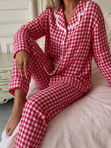 DAZY 2pcs Women's Plaid Print Lace Patchwork Long Sleeve Pajama Top + Elastic Waist Long Pants Loungewear Set - Red - View 4