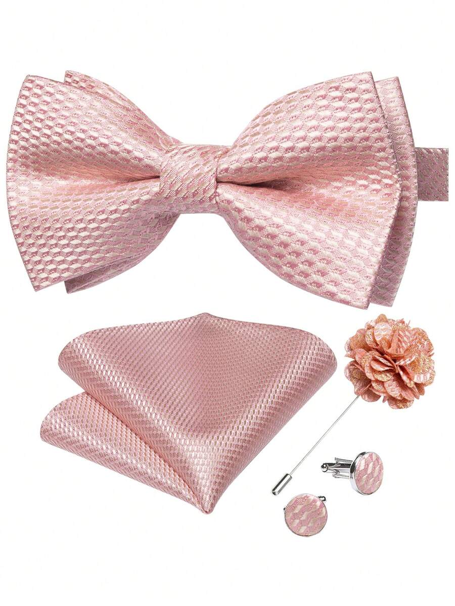 Men's Pre-Tied Bow Tie 4-Piece Set, Pink Fine Plaid Jacquard Pocket Square, Cufflinks, Lapel Flower, Formal Occasion Dress Accessory - Pink - View 1