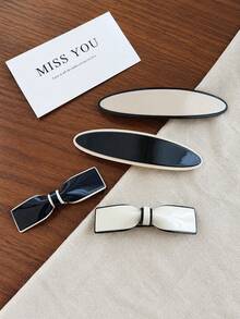 2pcs Women's Korean Style Minimalist Colorblock Bow Hair Clips, Matte Black And White Contrast Design, Versatile Hair Clips For Daily Commute - Multicolor - View 1