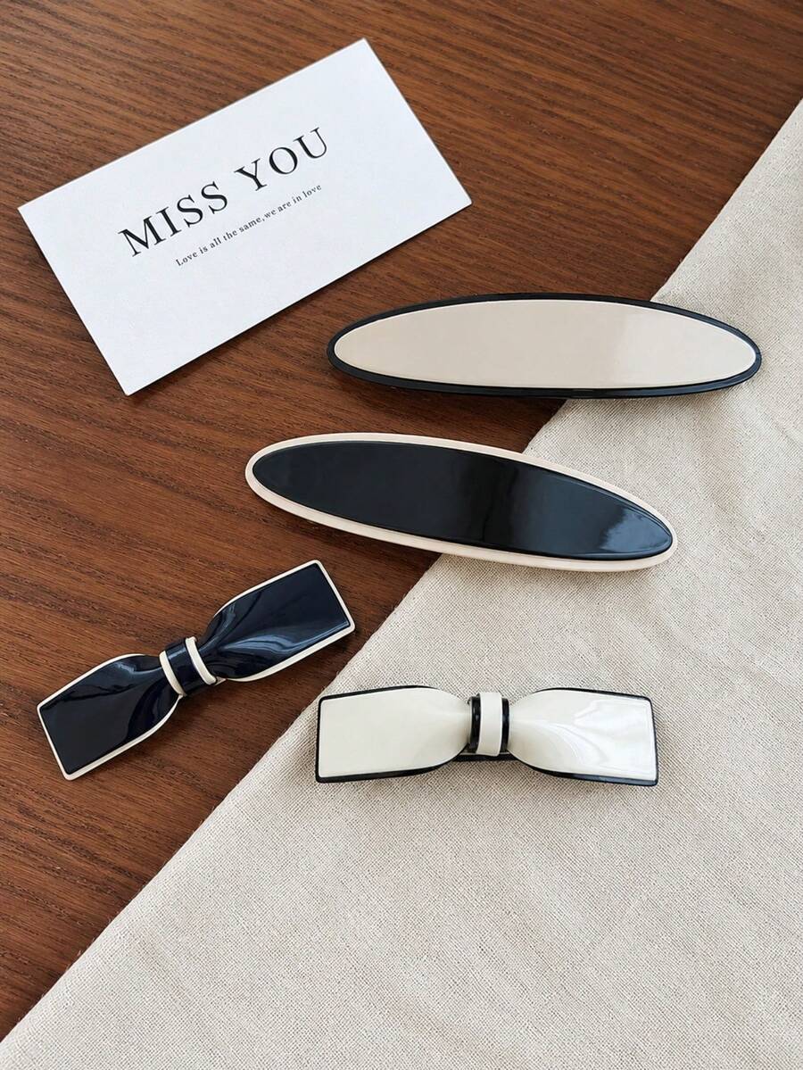 2pcs Women's Korean Style Minimalist Colorblock Bow Hair Clips, Matte Black And White Contrast Design, Versatile Hair Clips For Daily Commute - Multicolor - View 1