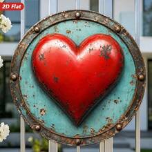 2D Flat, 1pc Rustic Style Heart-Shaped Round Metal Sign Wall Art, Red Heart Pattern, Distressed Turquoise Background, Rustic Metal Appearance, Vintage Farmhouse Style, Suitable For Bedroom Studio, Home Decor Accent (Random Hole Position) - A - View 8
