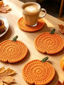 Handmade Crocheted Pumpkin Coasters, Pumpkin Pattern Fabric Drink Coasters, Absorbent Coffee Table Mats, Rustic Country Style Decor, Suitable For Autumn, Halloween, Thanksgiving Tabletop Decoration, Perfect Autumn Gift For Friends And Family - Multicolor - View 3