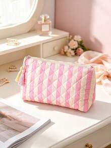 Striped Quilted Make Bag With Tassel Zipper, Large‑Capacity Makeup Pouch, Travel Toiletry Storage Organizer, Cash Coin Purse,Card Holder; Clutch Bag - Multicolor - View 8