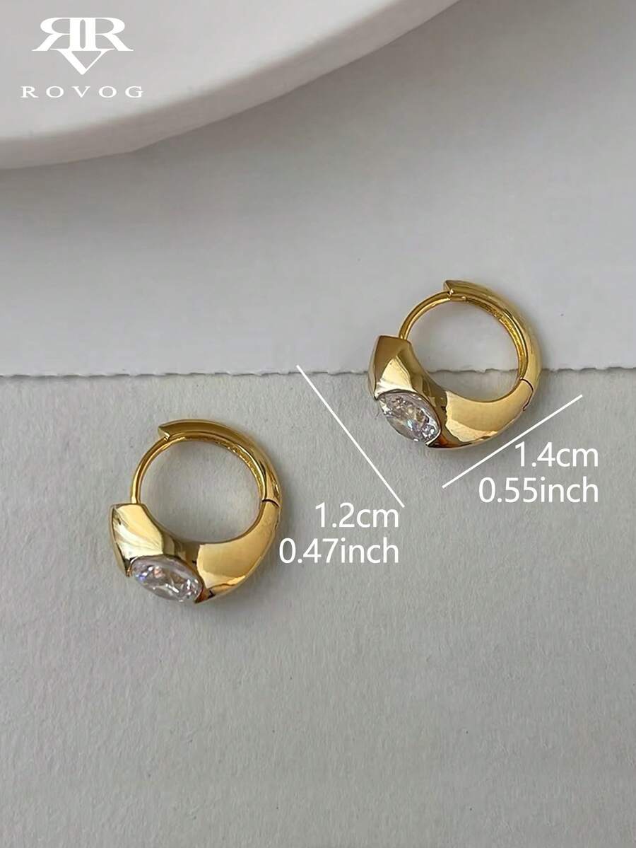 1 Pair Small Fashionable Glass Inlaid Geometric Hoop Earrings Suitable For Women's Daily Commute And Casual Wear - Yellow Gold - View 1