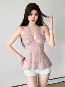 Top Dazzle Women's Semi-Sheer Halter Top With Backless Design And Asymmetrical Hem, Perfect For A Stylish And Alluring Look - Pink - View 2