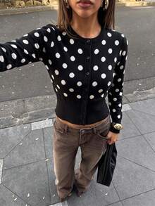 Roviva Women's Autumn Casual Commute French Polka Dot Long Sleeve Knit Sweater, Suitable For Party, Gathering, Holiday, Birthday Party, Work Commute, - Black and White - View 5