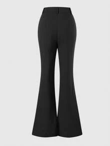 Women High Waist Front Seam Flared Pants, Gold Button Decor Slim Fit Bootcut Trousers Dressy Casual Pants - Black - View 4