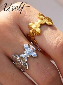 Uself 2pcs/1pc Luxury Iris Cross Gold Stainless Steel Ring, Adjustable Women's Jewelry, Fashionable Elegant Minimalist Versatile, Suitable For Daily Wear, Dating, Wedding, Perfect Gift For Her - Multicolor - View 2