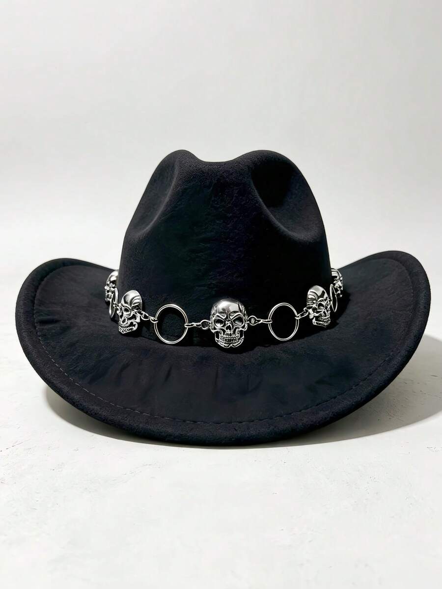 1pc Gothic Silver Skull Hat Chain, Punk Metal Hat Strap, Western Cowboy Hat Decorative Chain, Halloween Costume Accessory - Silver - View 1