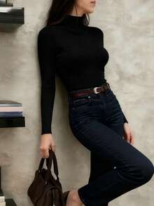 DONICY Women's Top, Solid Color Long Sleeve Top, Black Vertical Stripe Slim Fit, Minimalist Basic Commuter Style,Fall Winter - Black - View 4