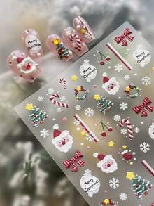 Cute Cartoon Christmas Nail Stickers 1Sheet, 3D Embossed Santa Candy Cane Xmas Tree Plaid Bow Snowflake Self-Adhesive Nail Decals, Easy Apply Winter Nail Art Decor - Multicolor - View 3