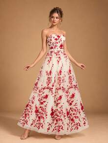 VIPGIRL Elegant Strapless Long Dress For Women, Decorated With Red Floral Embroidery, Flared Mesh Fabric, Formal Evening Gown, Perfect For Balls. - Apricot - View 7