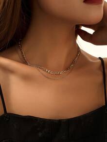 2pcs Copper Fashion Minimalist Thick & Thin Intertwined Pure Chain Necklace Set For Women, Suitable For Daily Wear - Yellow Gold - View 2