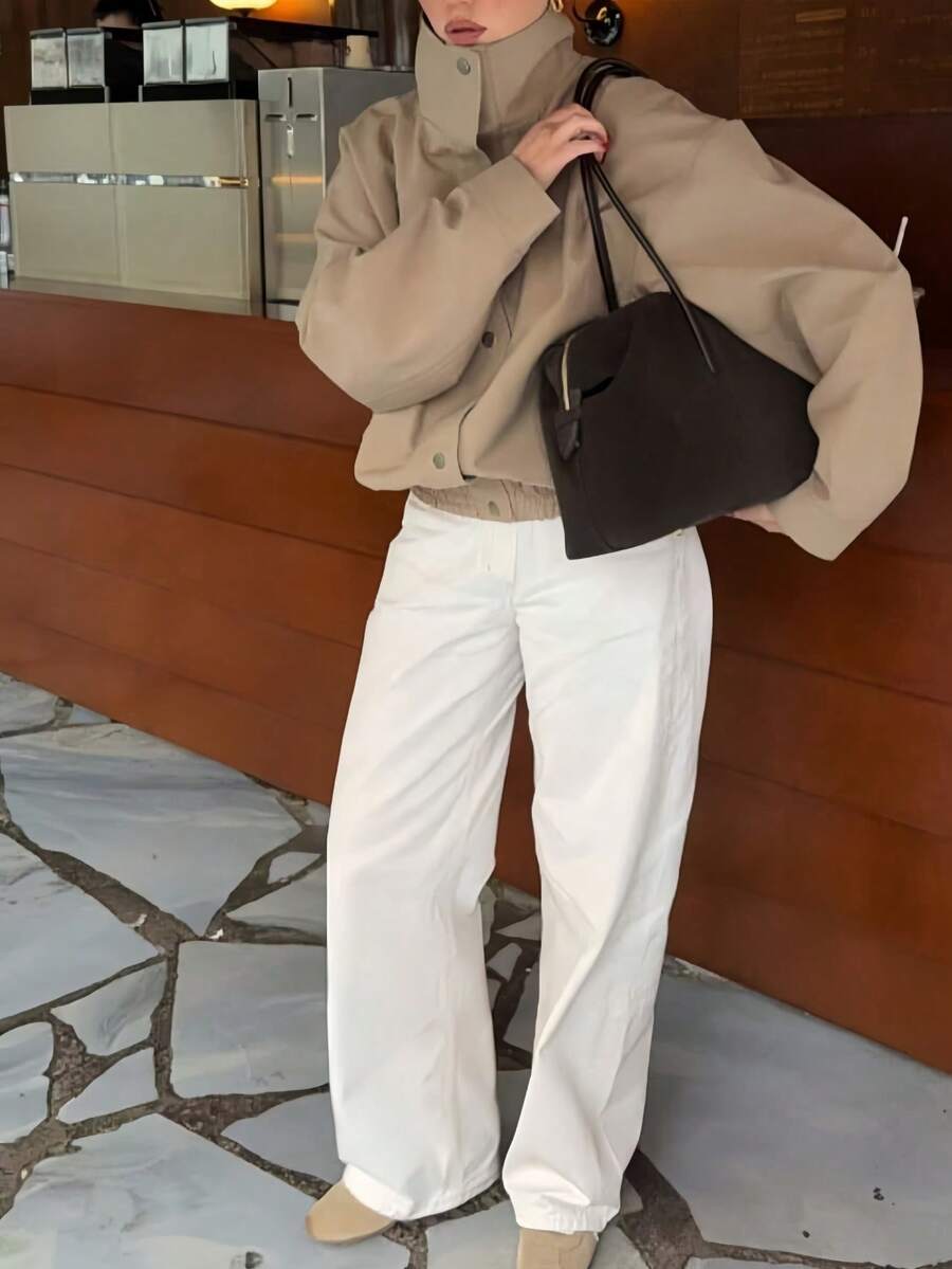 Women's Autumn/Winter Stand Collar Short Workwear Jacket, Loose Drop Shoulder Single-Breasted Silhouette Short Top, Woven Polyester With Lining, Casual Versatile Short Jacket - Khaki - View 1