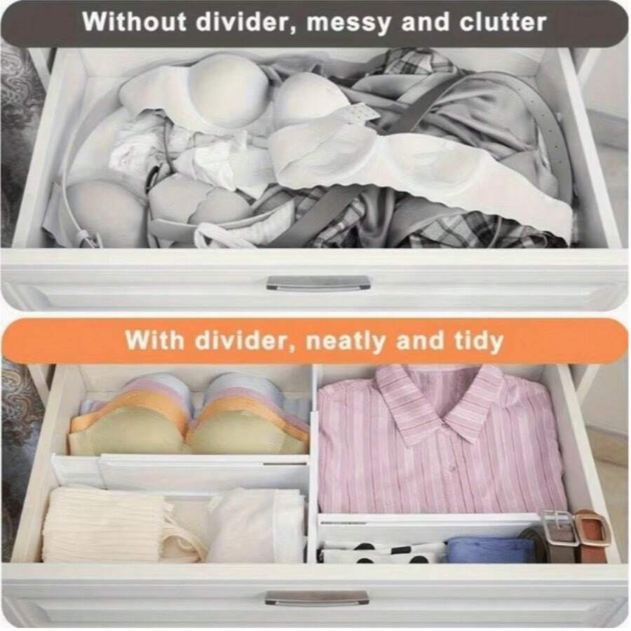5PCS (1 Divider + 4 Adhesive Pads) Adjustable Drawer Divider Set, With Plastic Divider, Suitable For Kitchen Utensils/Socks/Underwear/Desk Drawer Storage, Adjustable Drawer Divider, Heavy Duty Plastic Expandable Folding Storage Box, Drawer Space Partition, Adjustable Drawer Divider, Suitable For Deep/Shallow Drawers, Underwear, Socks Storage, Drill-Free Adjustable Drawer Storage, Expandable Storage Divider