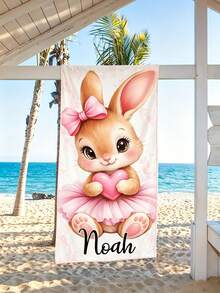 Custom Name Cute Ballerina Bunny Beach Towel, Soft Quick‑Dry Single‑Sided Towel, Pink Bow Heart Rabbit Pattern For Beach Pool, Girls Birthday Gift - Multicolor - View 3