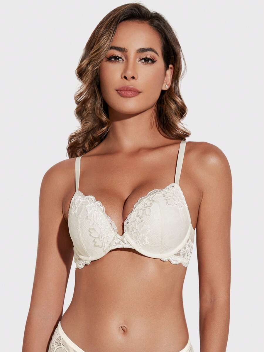 Deyllo Women's Lace Padded Bra, Comfortable Thick Underwire, Soft & Cozy, Adjustable Straps, Suitable For Everyday Wear And Loungewear - White - View 1