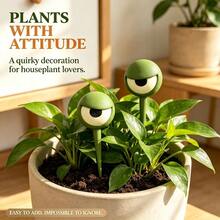 2pcs Funny Grumpy Face Potted Plant Eyes Decor, 3D Embossed Plant Stakes, Miniature Garden Sculpture, Quirky Flower Pot Decoration - Green - View 9