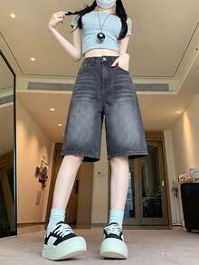 Quần short denim nữ cạp cao mặc nhà hàng ngày mùa hè, màu trơn, denim giặt wash vân râu mèo - Xám - Xem 7