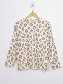 Áo len chui đầu nữ họa tiết da báo cổ tròn tay dài, áo len chui đầu mùa thu đông - Màu Khaki - Xem 5