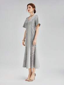 Rich Radi Q's Fashion Women's Gray Mid-Length Dress, V-Neck Short Sleeve Design, Exquisite Contrast Lace Details, Woven Fabric Slim Fit Mermaid Silhouette - Grey - View 3