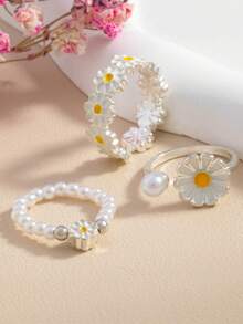 Daisy Pearl 3pcs Ring Set, Mori Style Sweet Open Oil-Drip Finger Rings, Niche Design Stackable Index Finger Rings - Multicolor - View 1