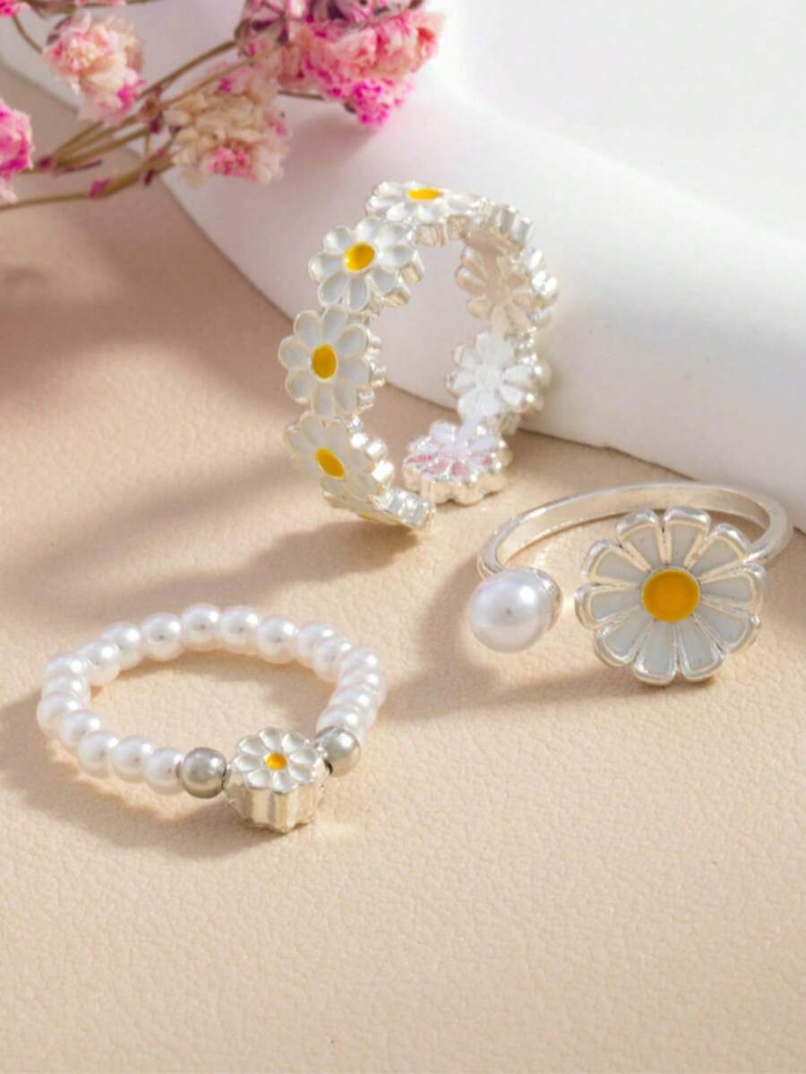 Daisy Pearl 3pcs Ring Set, Mori Style Sweet Open Oil-Drip Finger Rings, Niche Design Stackable Index Finger Rings - Multicolor - View 1