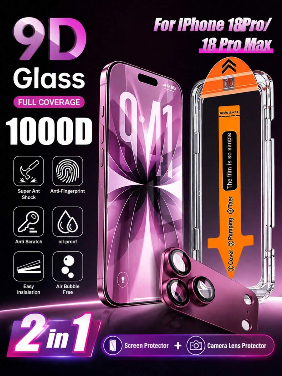 Yezodawee 2 IN 1 Protector Set Included 1pc High Definition Tempered Glass Screen Protector With Auto-Installation Kit + 1pc Red Armor Lens Protector, Compatible With 18 Pro Max/18 Pro/ - 1+1 - View 1