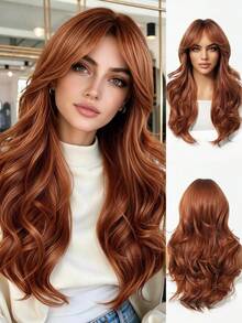 18 Inch Long Wavy Wig, Brown And Gold Highlights, Breathable Mesh Cap, Heat-Resistant Synthetic Fiber Wig, Suitable For Daily Commute, Halloween And Christmas Parties - Multicolor - View 5