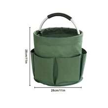 1pc Country Style Solid Color Gardening Tool Storage Bag, Round Bucket Shape, With 6 Side Pockets And Thickened Metal Handle, Foldable Oxford Cloth Storage Bag, Large Capacity Home Gardening Organizer Bag - A - View 6