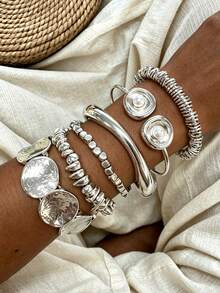 6pcs/Set Vintage Fashion Punk Style Hammered Texture Geometric Chain Silver Bracelet Set, Suitable For Women's Daily, Party, Beach, Vacation, Wedding, Layering, Gift - Silver - View 2