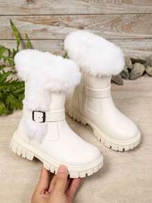 1 Pair Fuzzy High-Top Girls' Boots, Cute Functional Style With Buckle Design, Warm And Non-Slip, Suitable For Autumn/Winter, Daily Parent-Child Outings, School, Christmas New Arrival - White - View 11